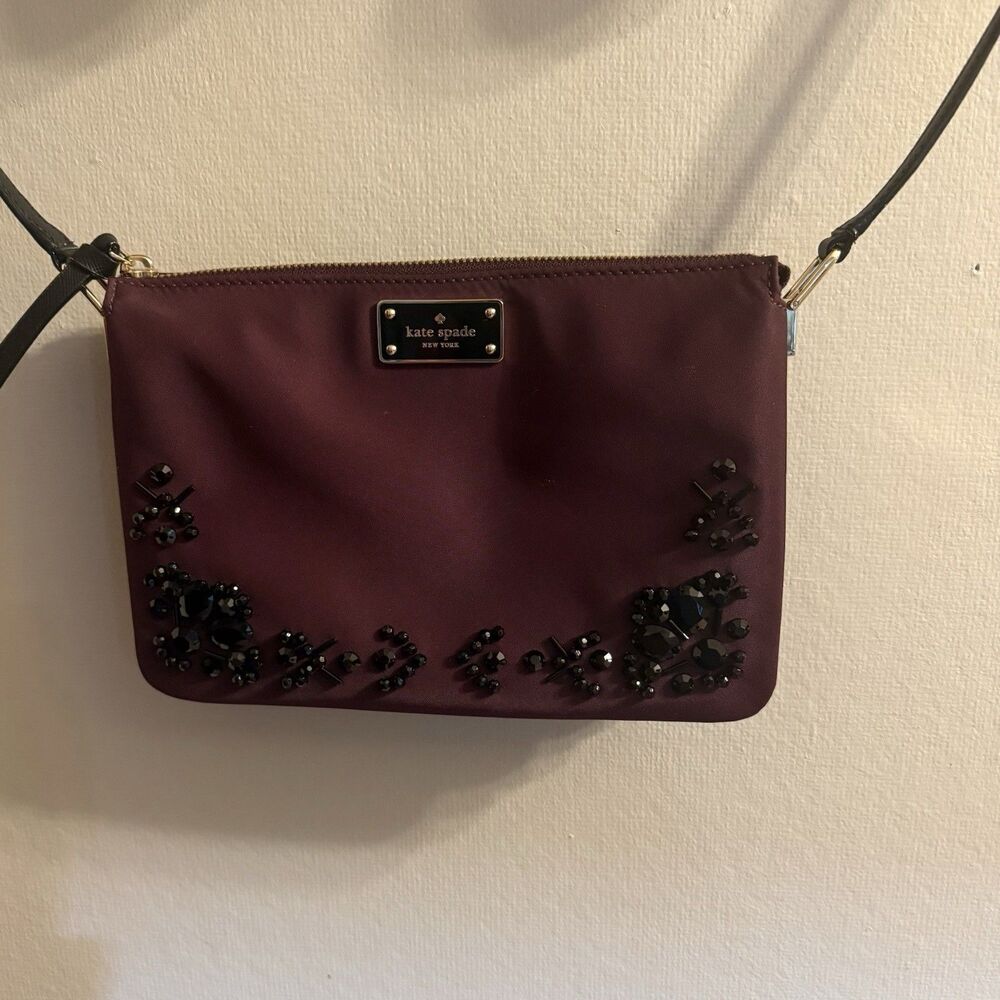 Kate Spade Embellished Madelyne Black Crystal Emo Crossbody Deep Plum Merlot